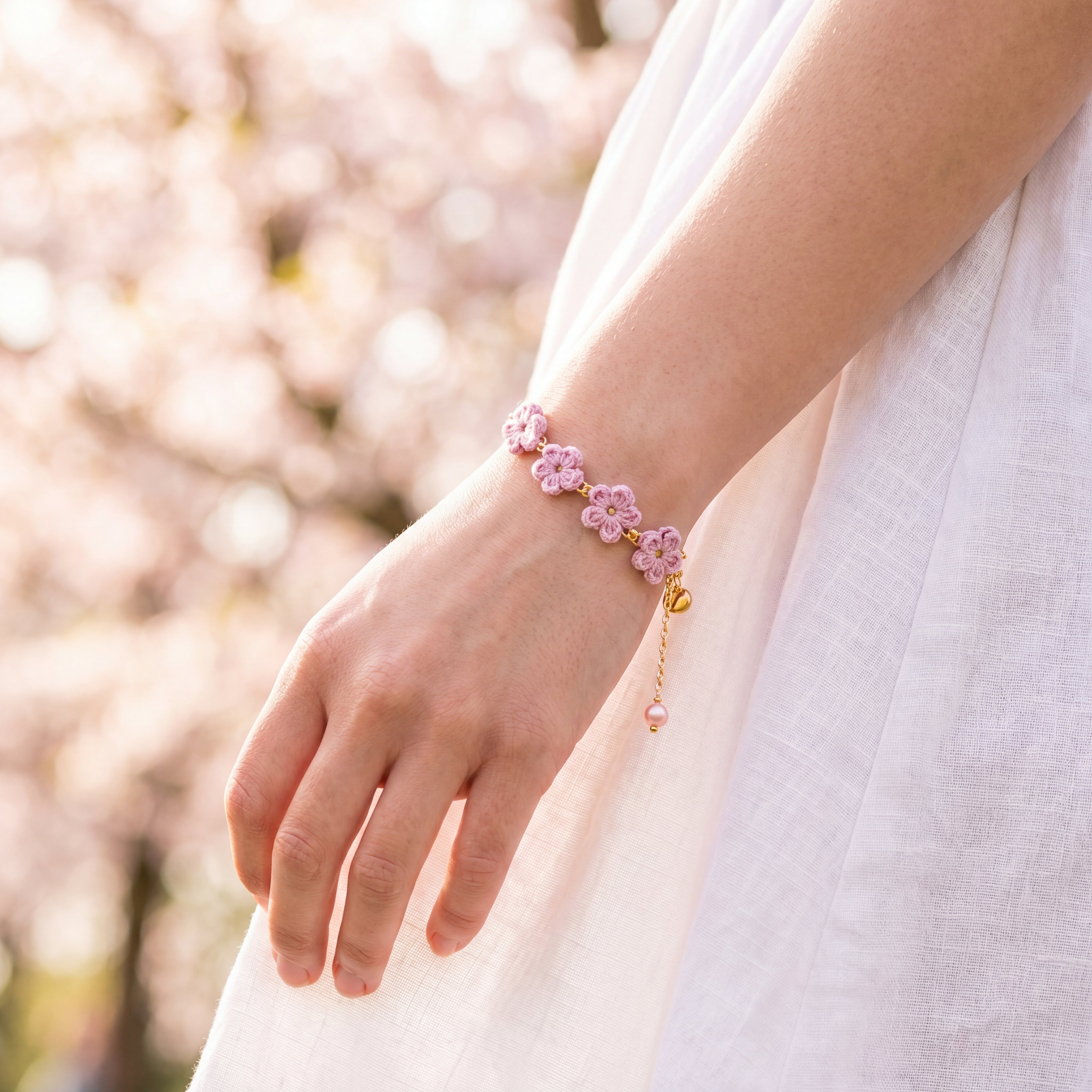 PetalDrops - Pink Blossom Crochet Bracelet