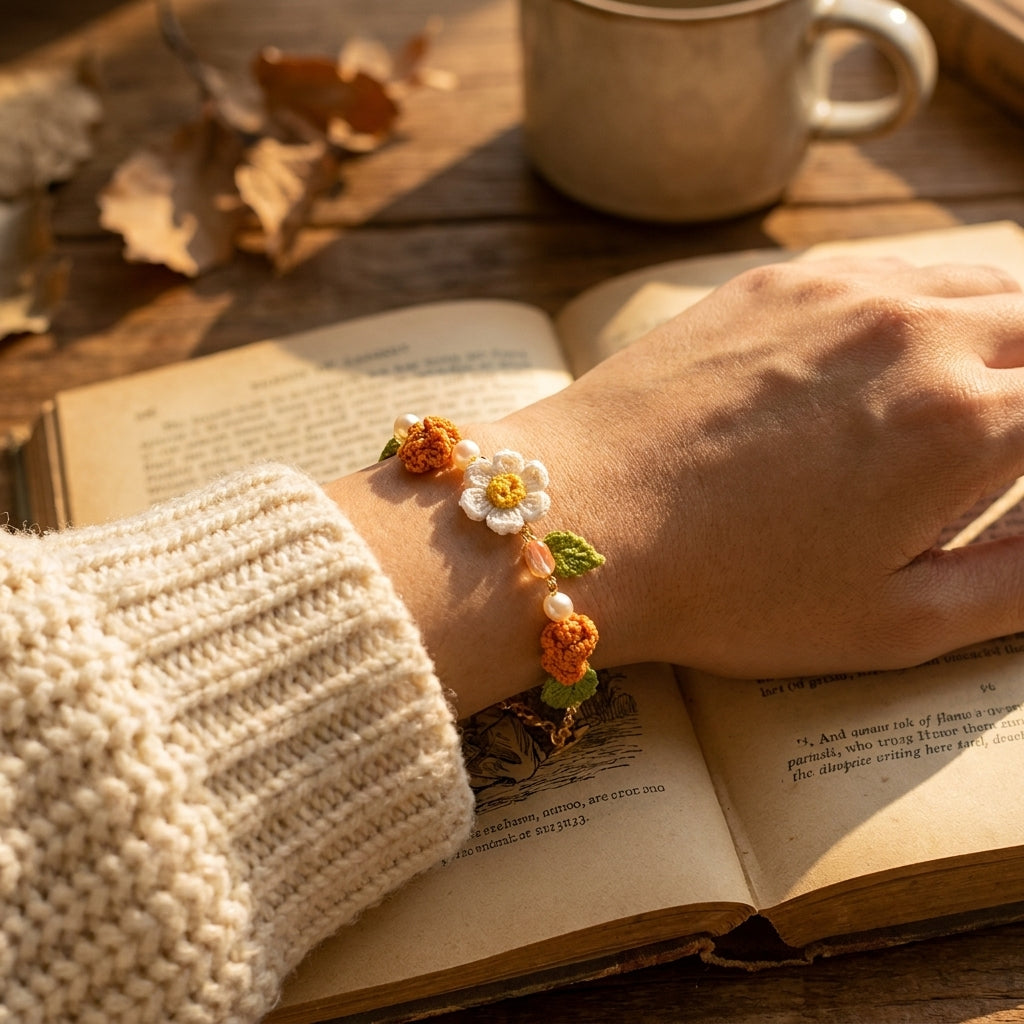 PetalDrops - Orange Flower & Daisy Crochet Bracelet