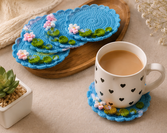 Handmade Crochet Floral Coaster Set 🌸💙 (Set of 6)