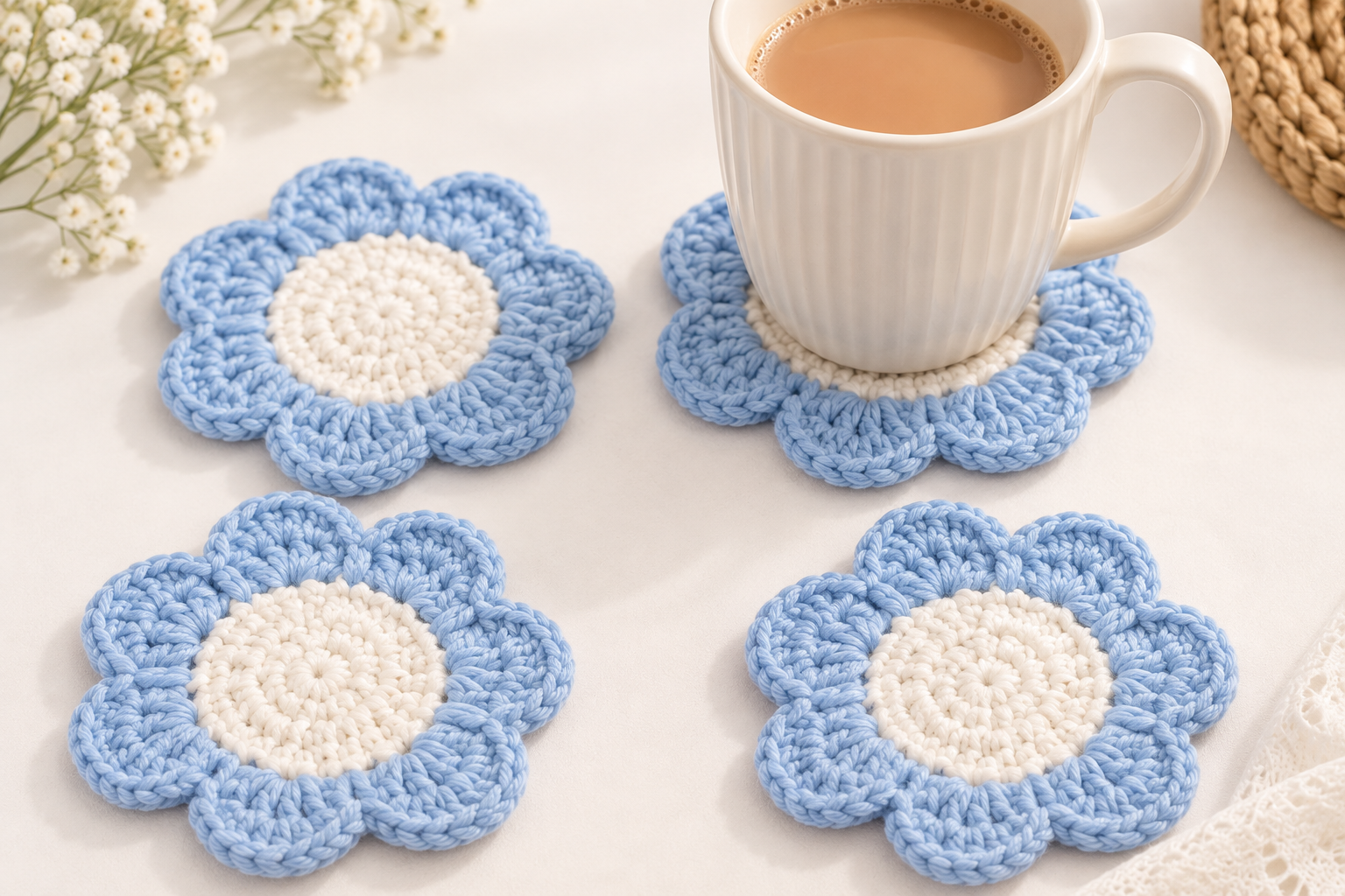 Handmade Crochet Flower Coaster Set ☕🌼 (Set of 4)