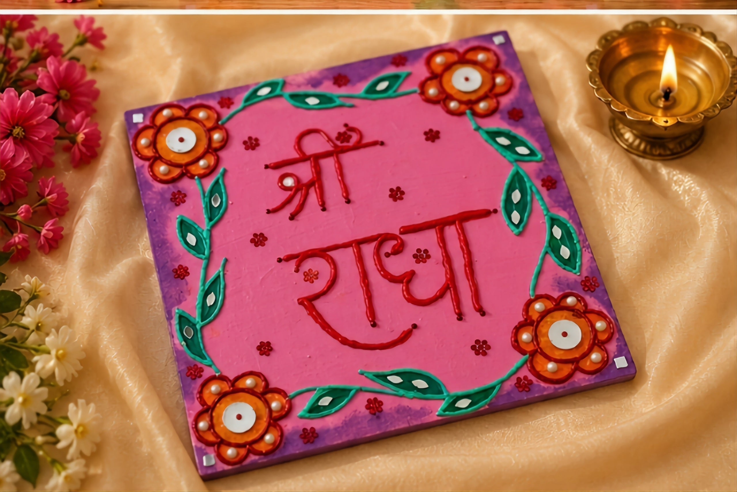 Pink Blossom Shri Radha – Floral Lippan Art Board for Home & Puja