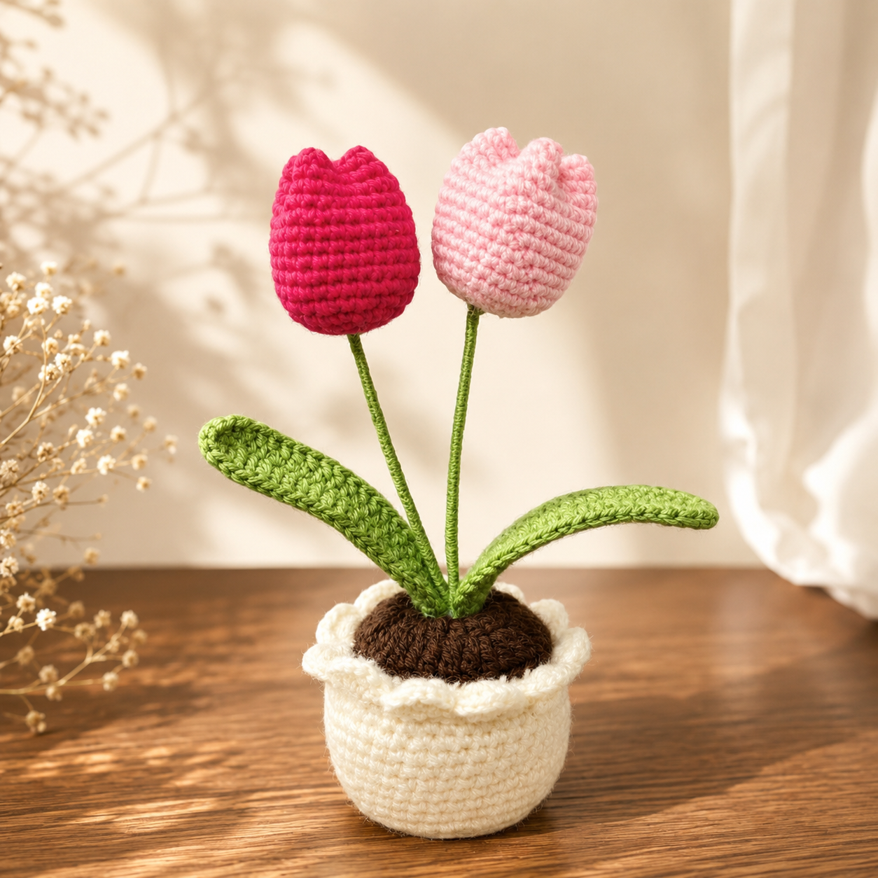 Handmade Crochet Pink Tulip Flower Pot | Cute Home Decor