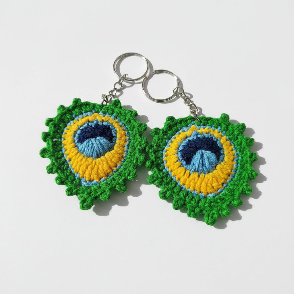 🦚 Peacock Feather Crochet Keychain | Handmade Key Ring