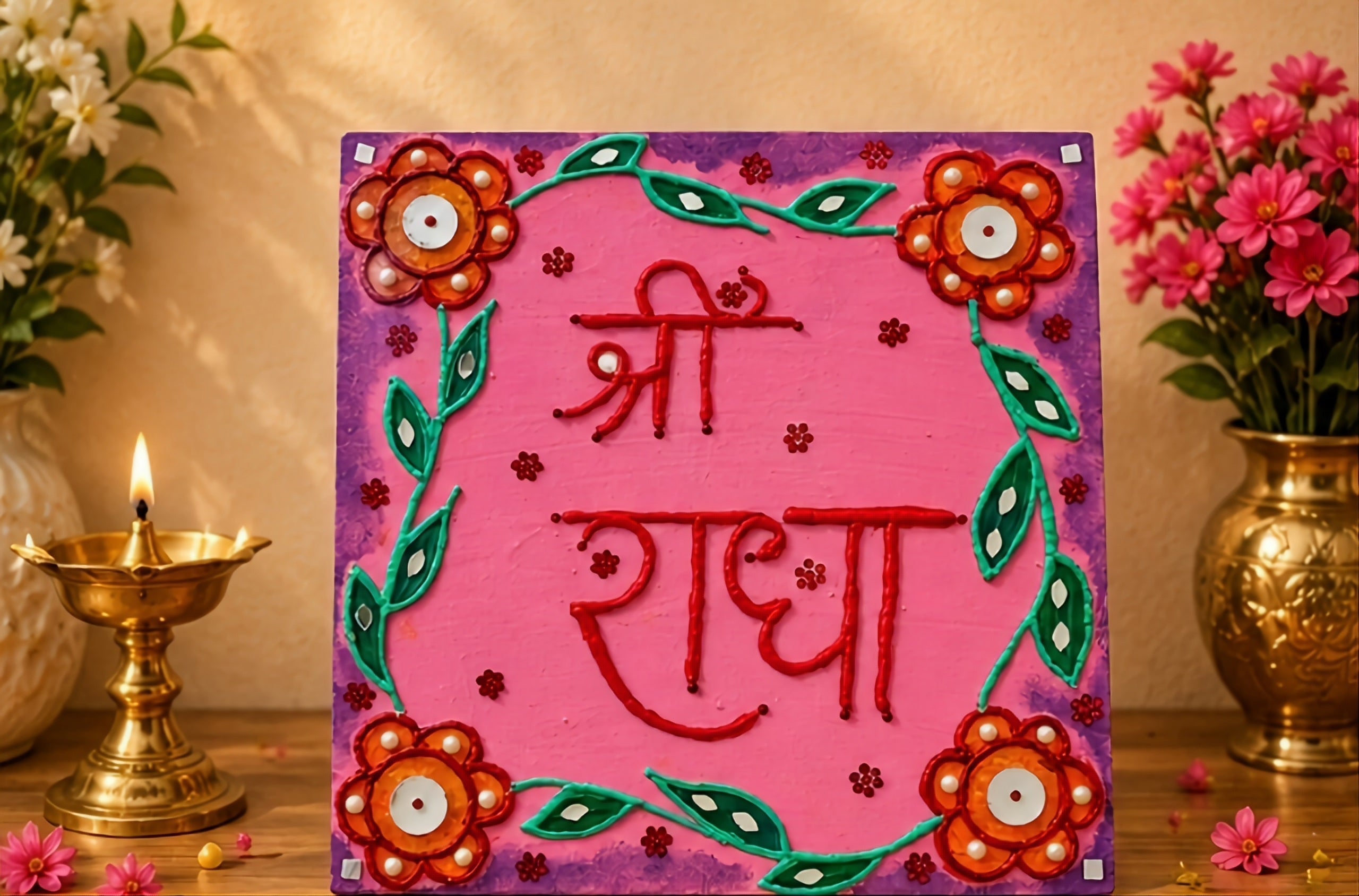 Pink Blossom Shri Radha – Floral Lippan Art Board for Home & Puja