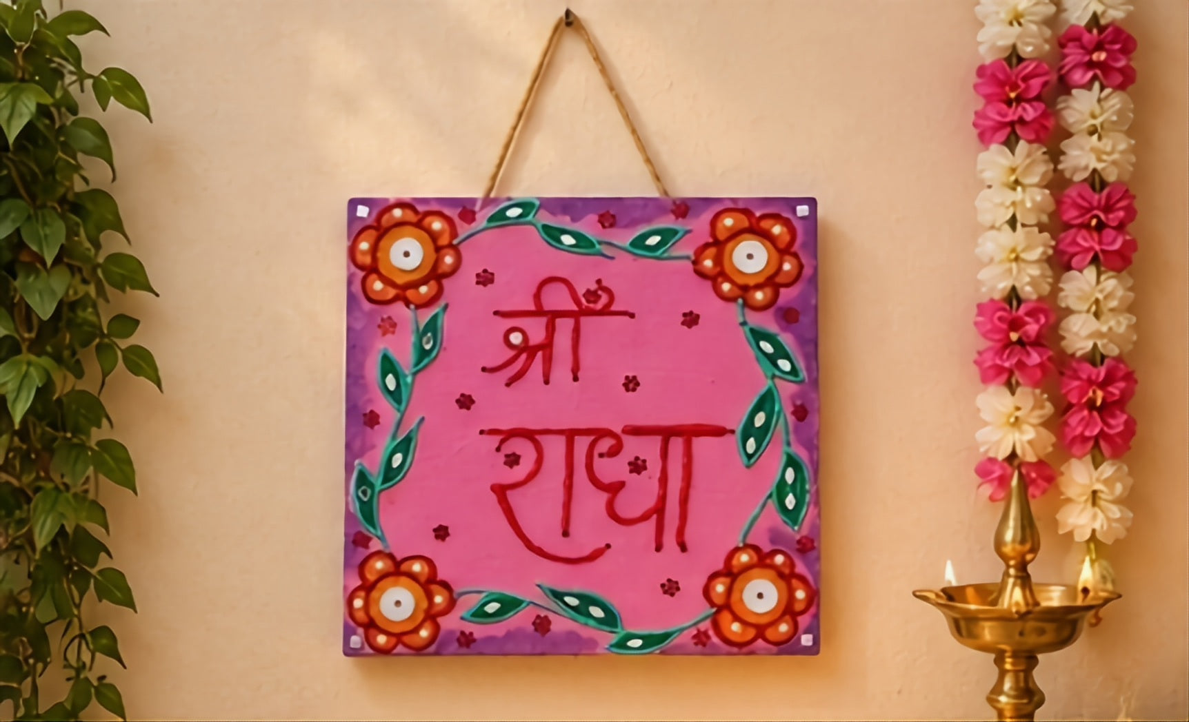 Pink Blossom Shri Radha – Floral Lippan Art Board for Home & Puja