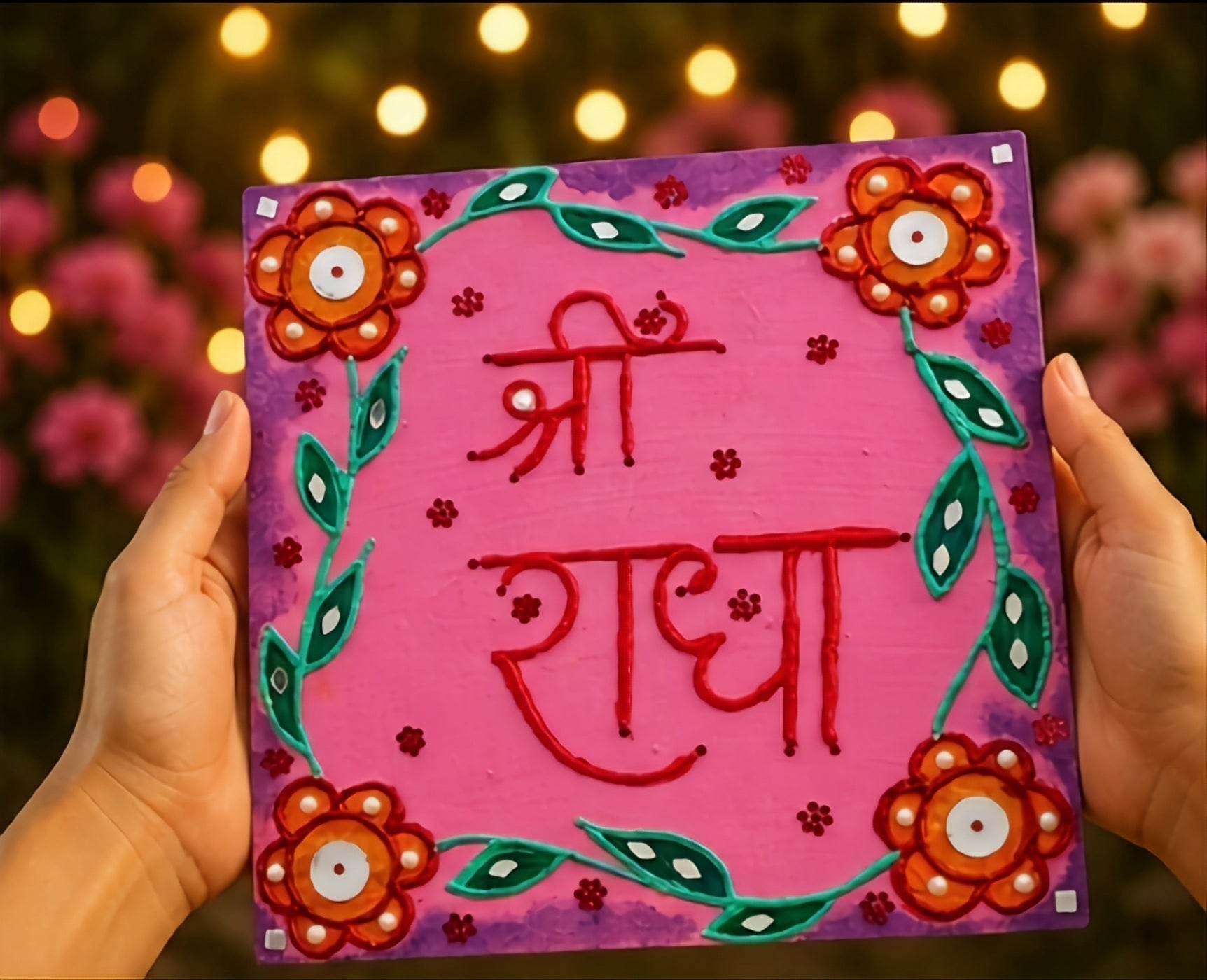 Pink Blossom Shri Radha – Floral Lippan Art Board for Home & Puja