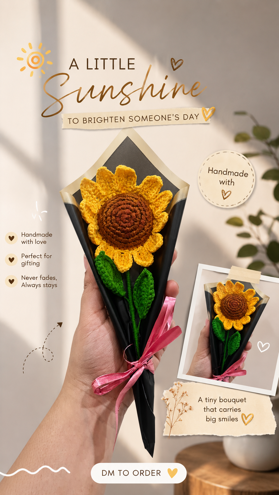 Handmade Crochet Sunflower Bouquet – Forever Bloom Gift | Single Sunflower Bouquet