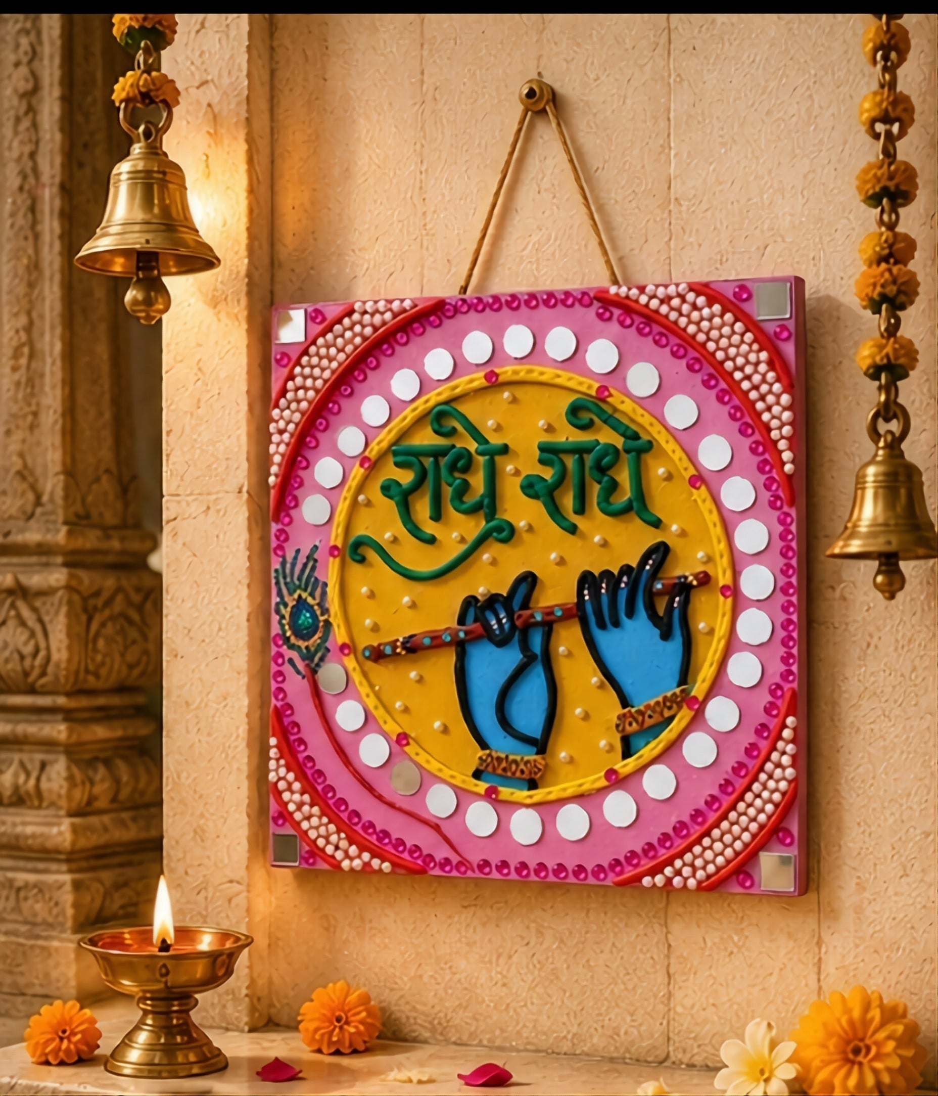 Radhe Radhe Charan – Krishna Footprints Lippan Art Wall Hanging