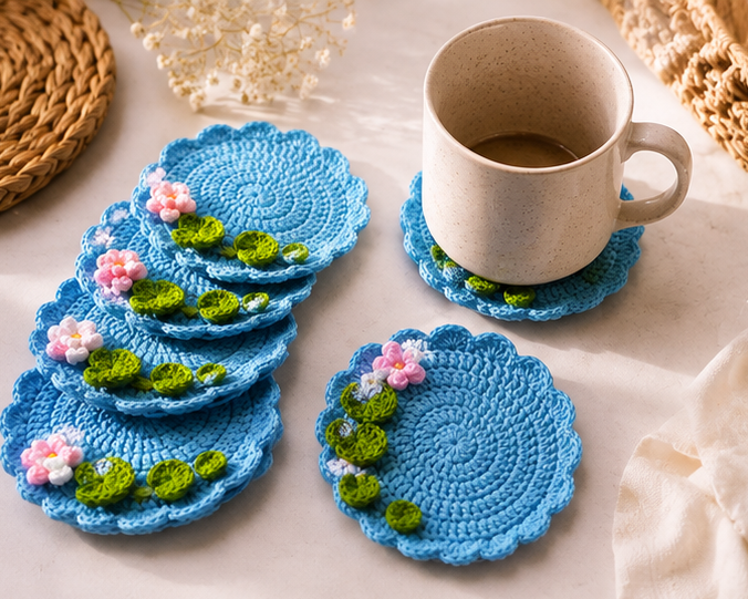 Handmade Crochet Floral Coaster Set 🌸💙 (Set of 6)