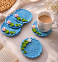 Handmade Crochet Floral Coaster Set 🌸💙 (Set of 6)