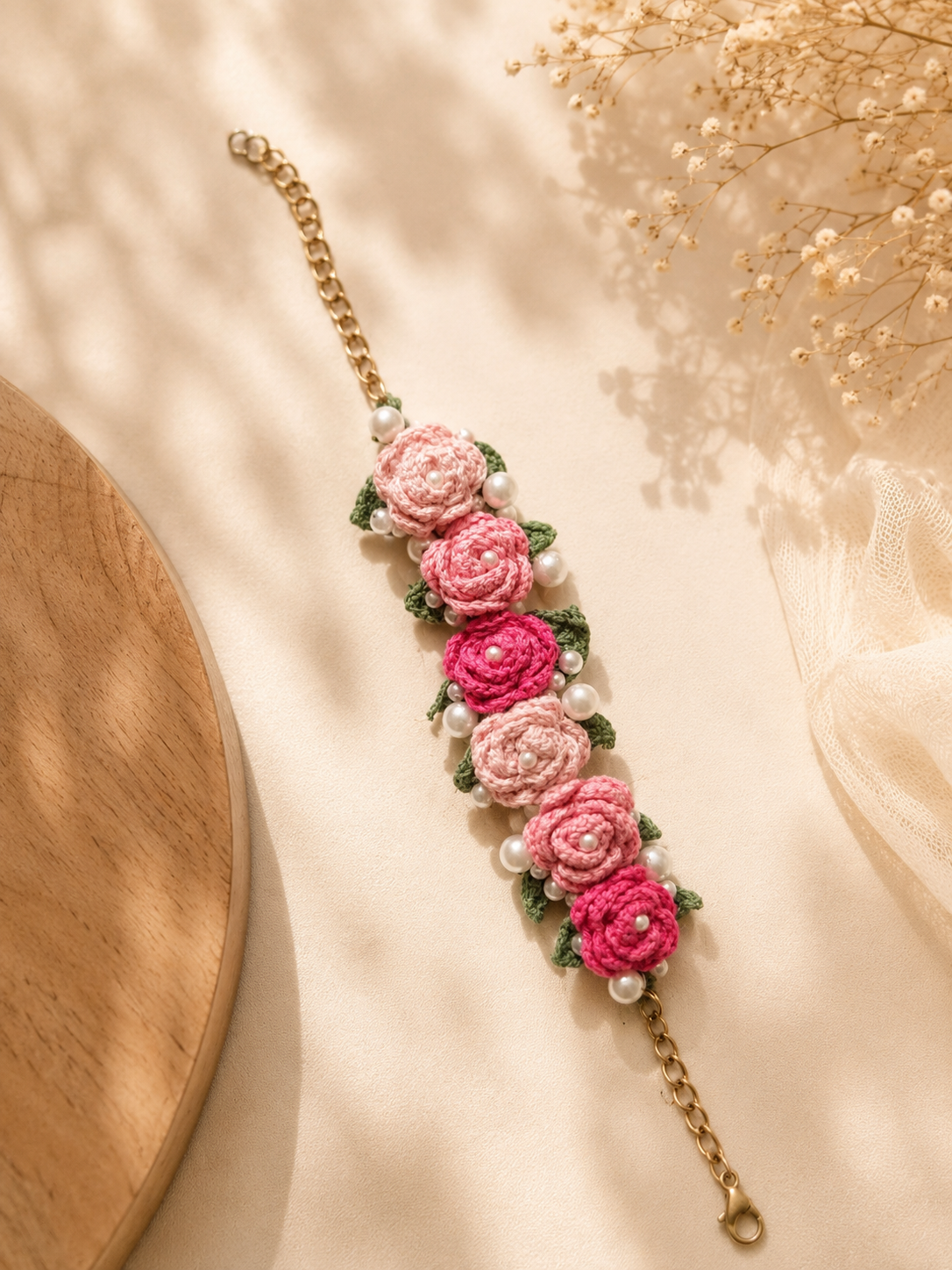 Handmade Crochet Floral Bracelet | Pink Rose Bracelet with Pearls