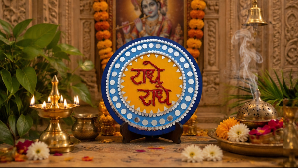 Radhe Radhe Glow – Orange Blue Dot Lippan Art Wall Hanging