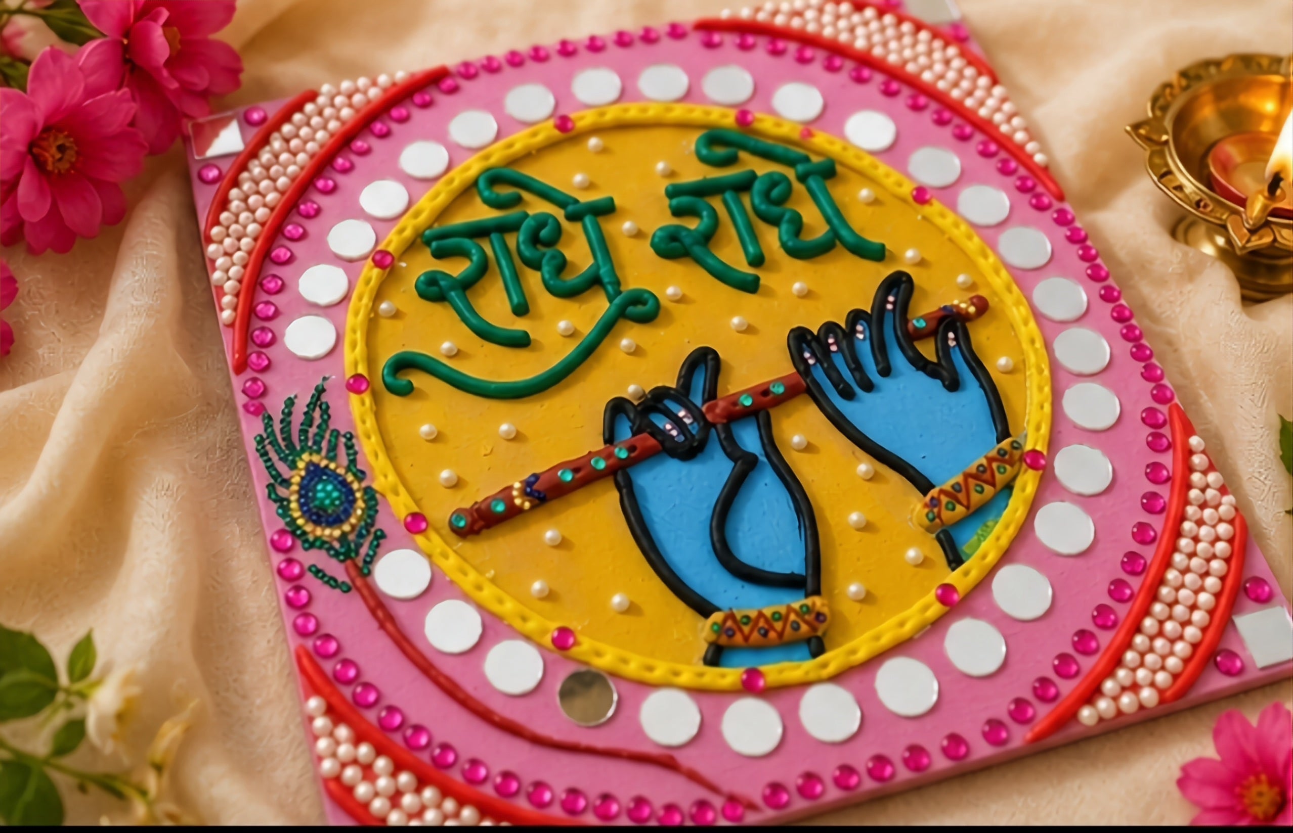 Radhe Radhe Charan – Krishna Footprints Lippan Art Wall Hanging